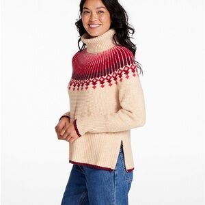 NEW! L.L. Bean Fair Isle Super Soft Waffle Sweater Cream Red Turtleneck Size L